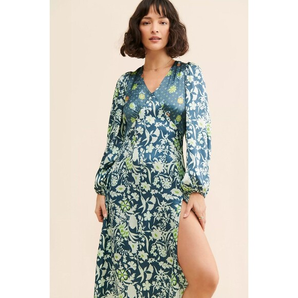Damson Madder Stormi Tie-Back Midi Dress Floral Printed Long Sleeve M-10 284670